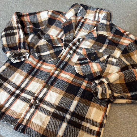 Amazon Jackets & Blazers - White, Orange, Brown & Black Plaid Button Up Shacket